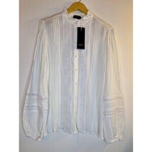 YEST Women's White Gauzy Cotton Button Up Shirt Women's Sz 10 Crochet Bohemian
